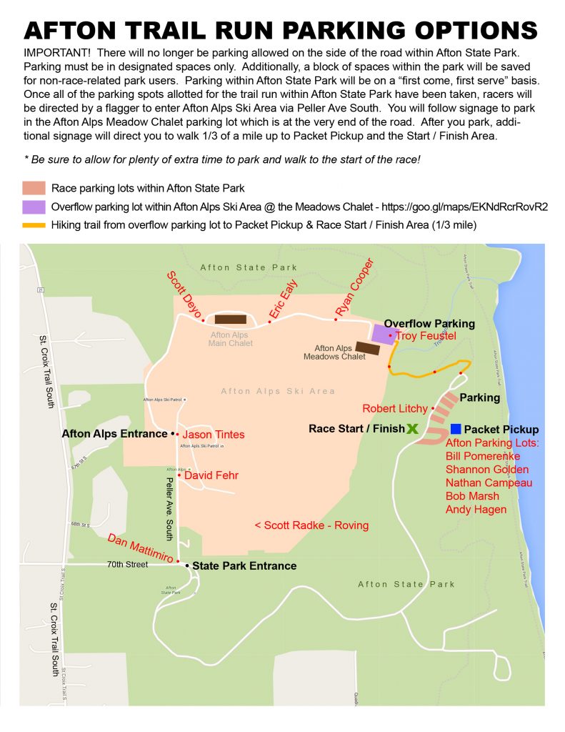 2016 Afton Trail Run Parking Map With Volunteer Locations